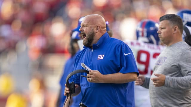 September 21, 2023; Santa Clara, California, USA; New York Giants head coach Brian Daboll yells from the sideline against the San Francisco 49ers during the second quarter at Levi's Stadium.